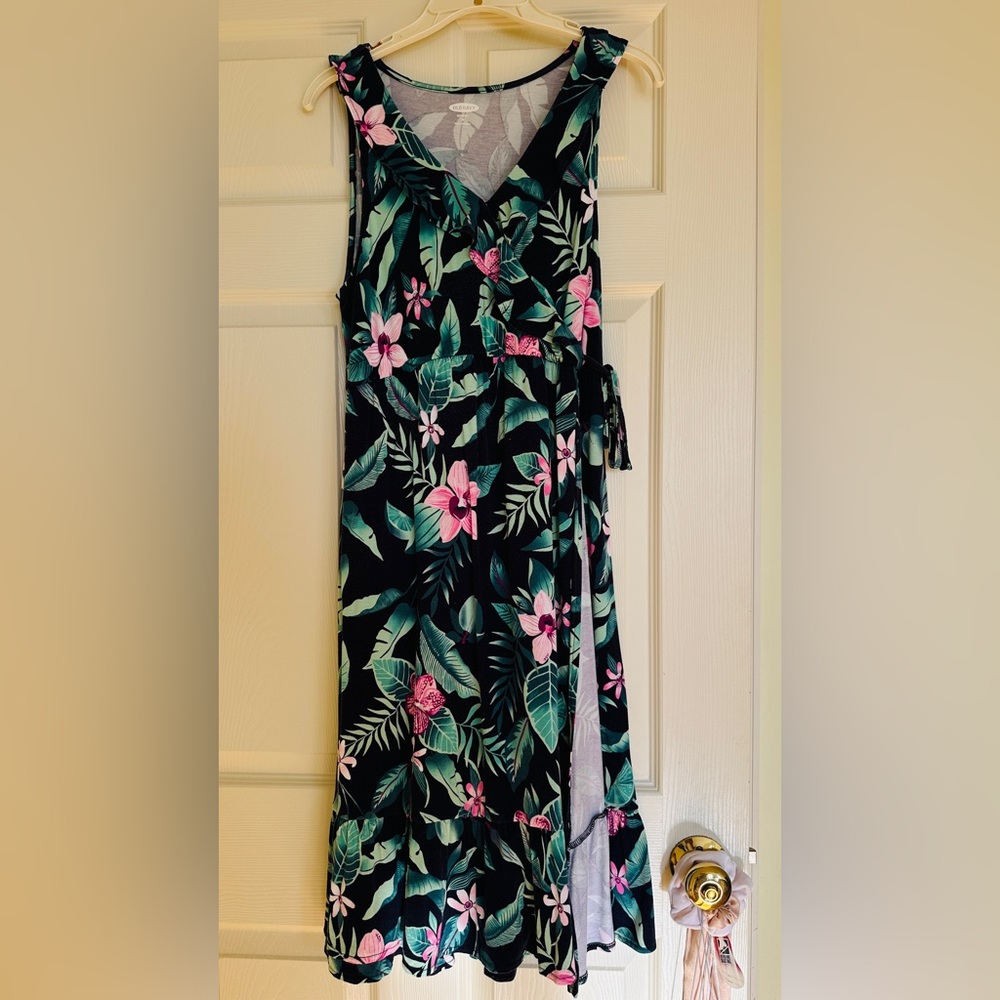 Old Navy blue greenish Midi Dress with Pink Floral Pattern Maternity Size M